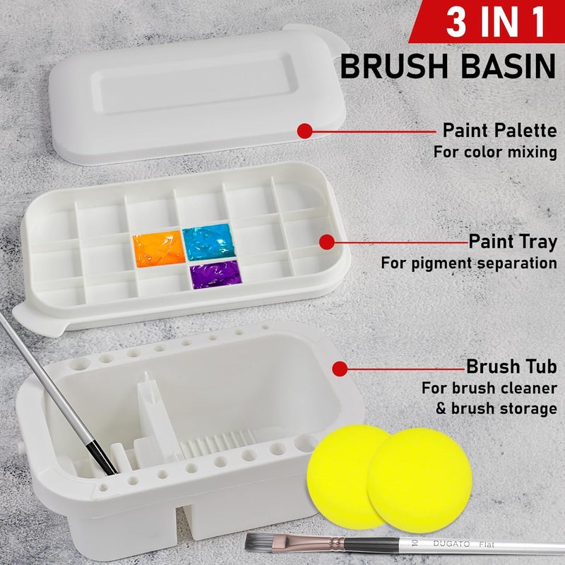 DUGATO 3-in-1 Paint Brush Cleaner Washer, Holder & Palette - Keep Brushes Clean & Organized - Artists Art Cleaning Basin with Lid & 2 Art Sponges for Acrylic, Watercolor, Oil Painting (White) - Image 2